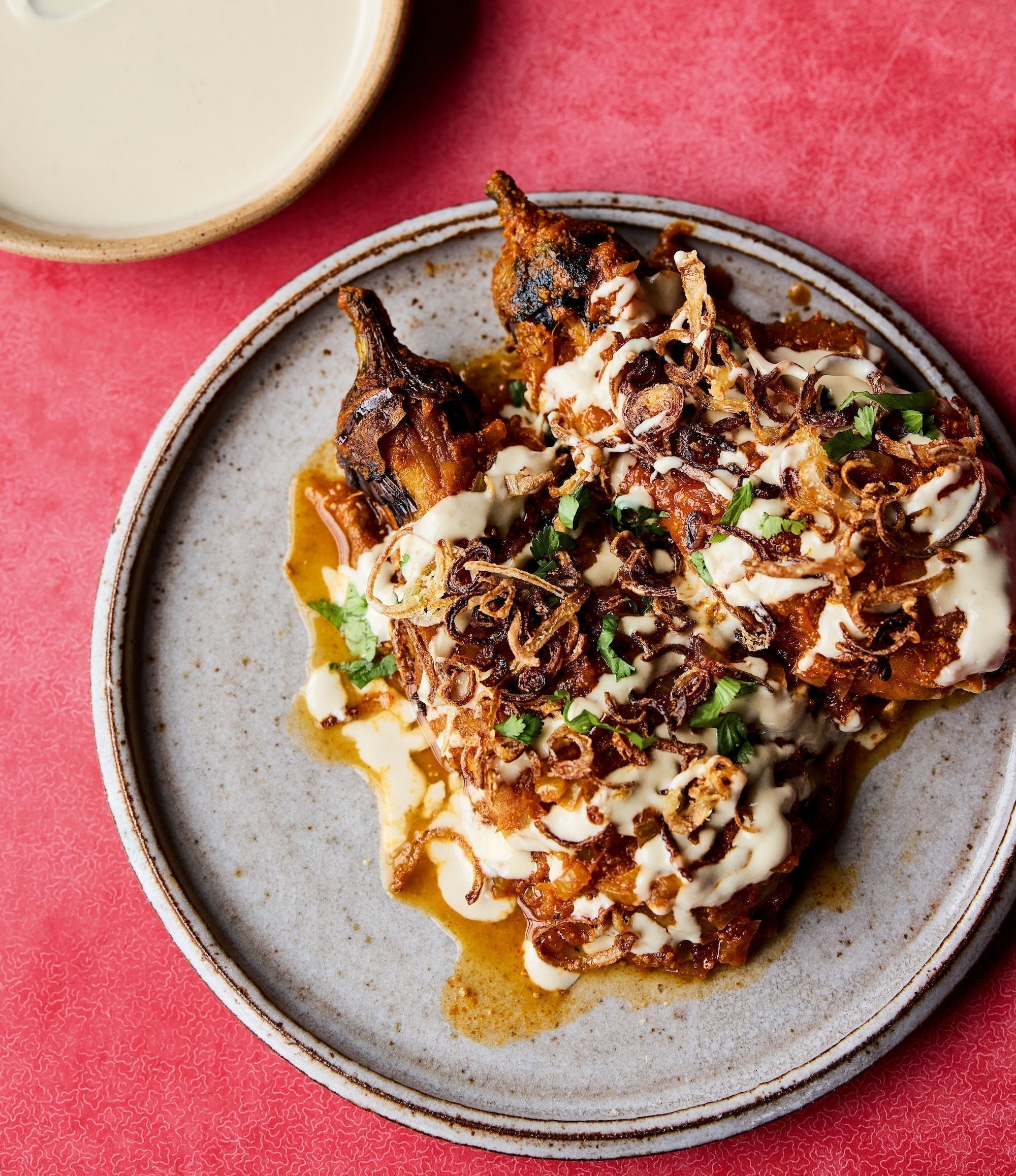 Noor's Burnt Aubergines with Fenugreek Sauce, Tahini and Fried