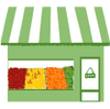 Illustration of a grocery store with green and white stripes and fresh produce in front.