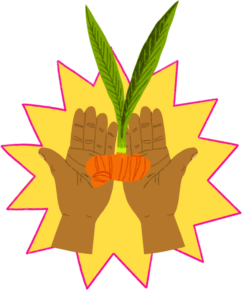 Hand holding a fresh turmeric toot with leaves against a yellow background