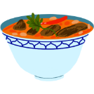 Red vegetable curry with cilantro and chillies in a blue bowl