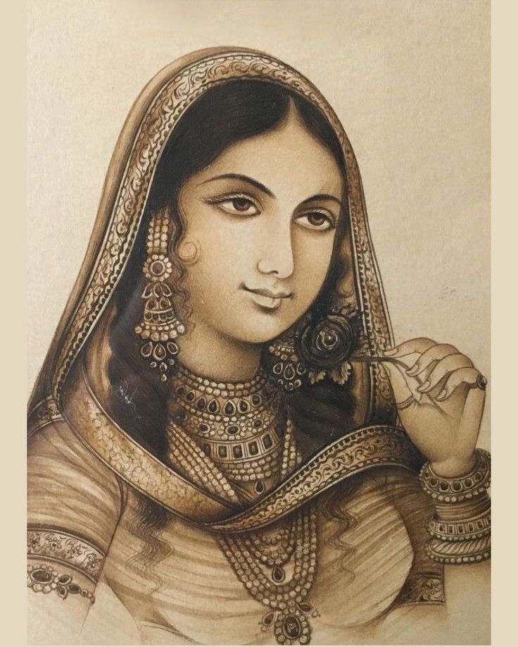 black and white sketch of Nur Jahan, empress of the Mughal Empire in India 