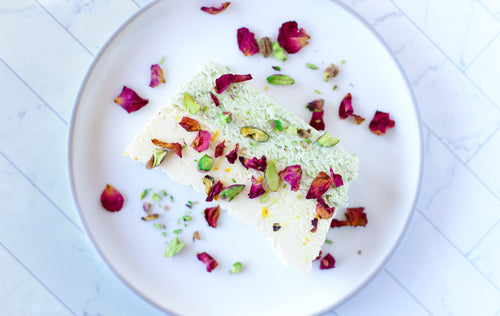 Asha's Kesar Pista (Saffron Pistachio) Kulfi Semifreddo with Panneer Rose