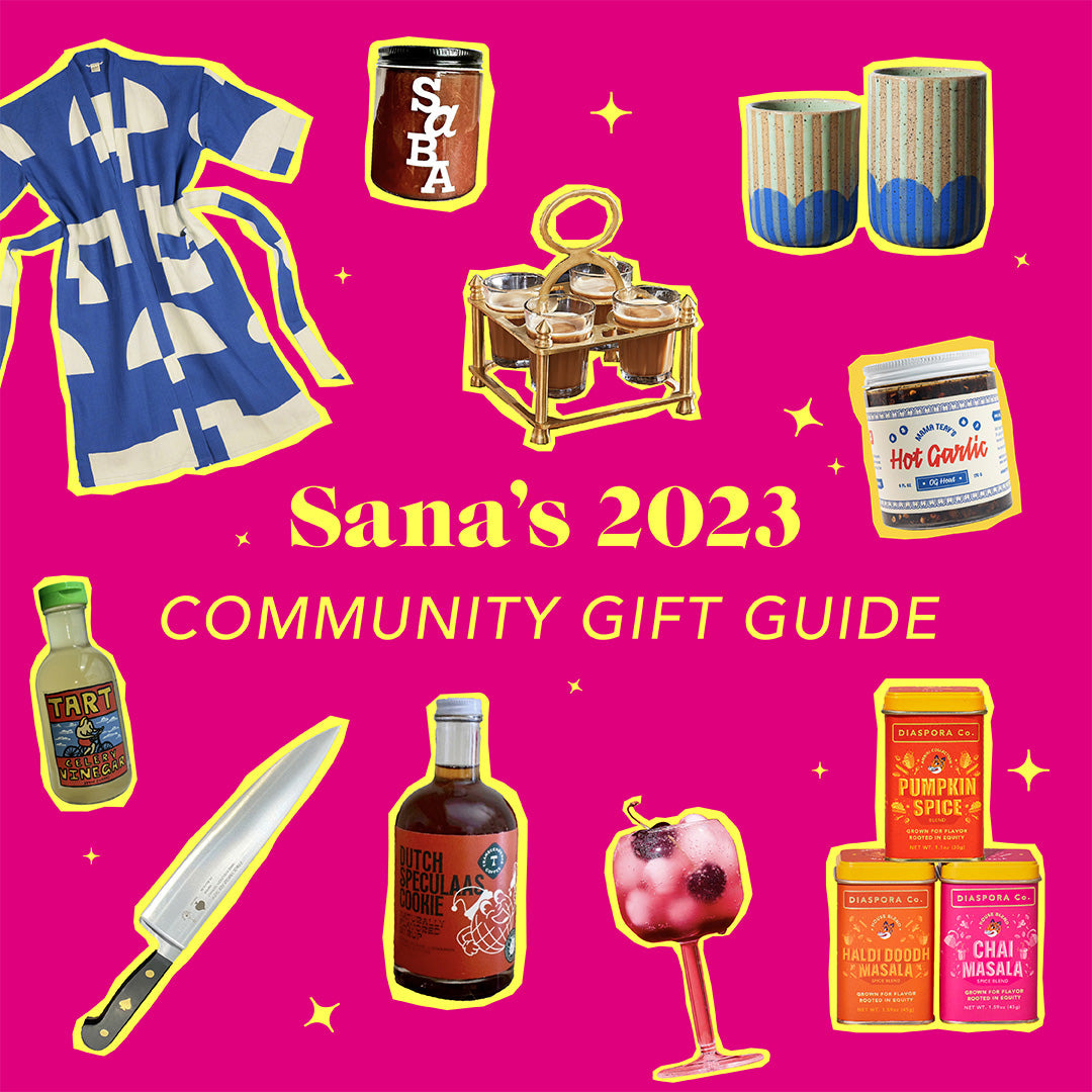 Sana's 2023 community gift guide graphic featuring the title and a cut out of everything featured in the guide
