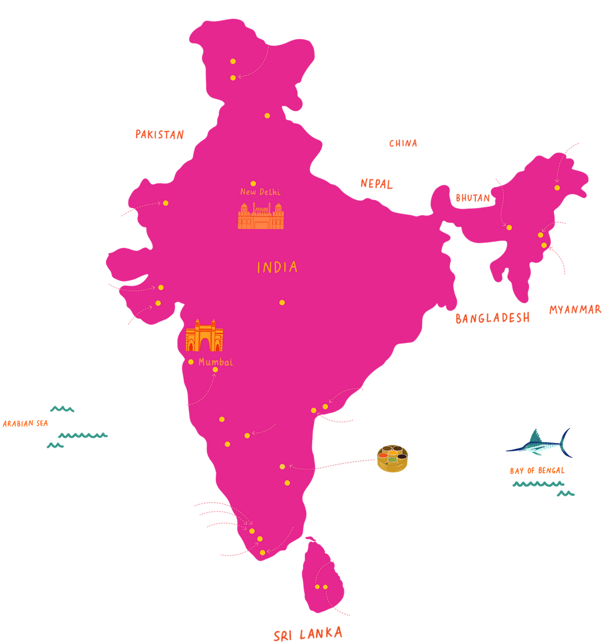 Map of spice-growing regions across India and Sri Lanka