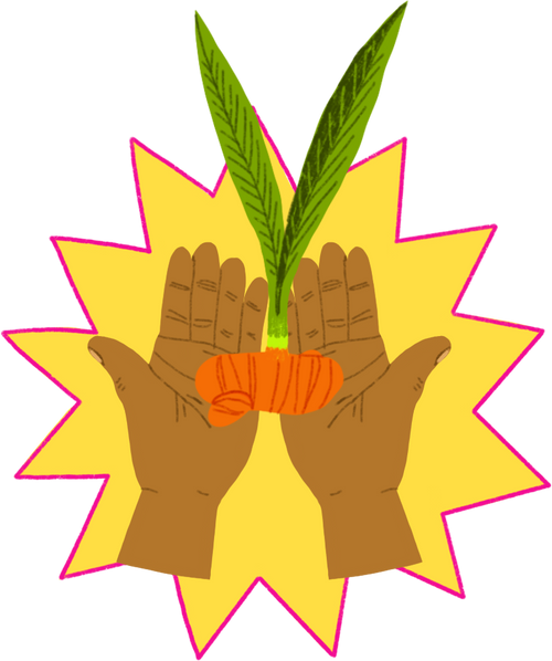 Hand holding a fresh turmeric toot with leaves against a yellow background